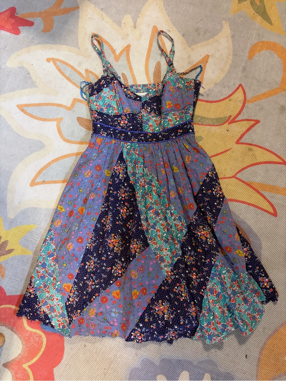 Maeve by Anthropologie patchwork cottage core smocked babydoll mini dress size 2